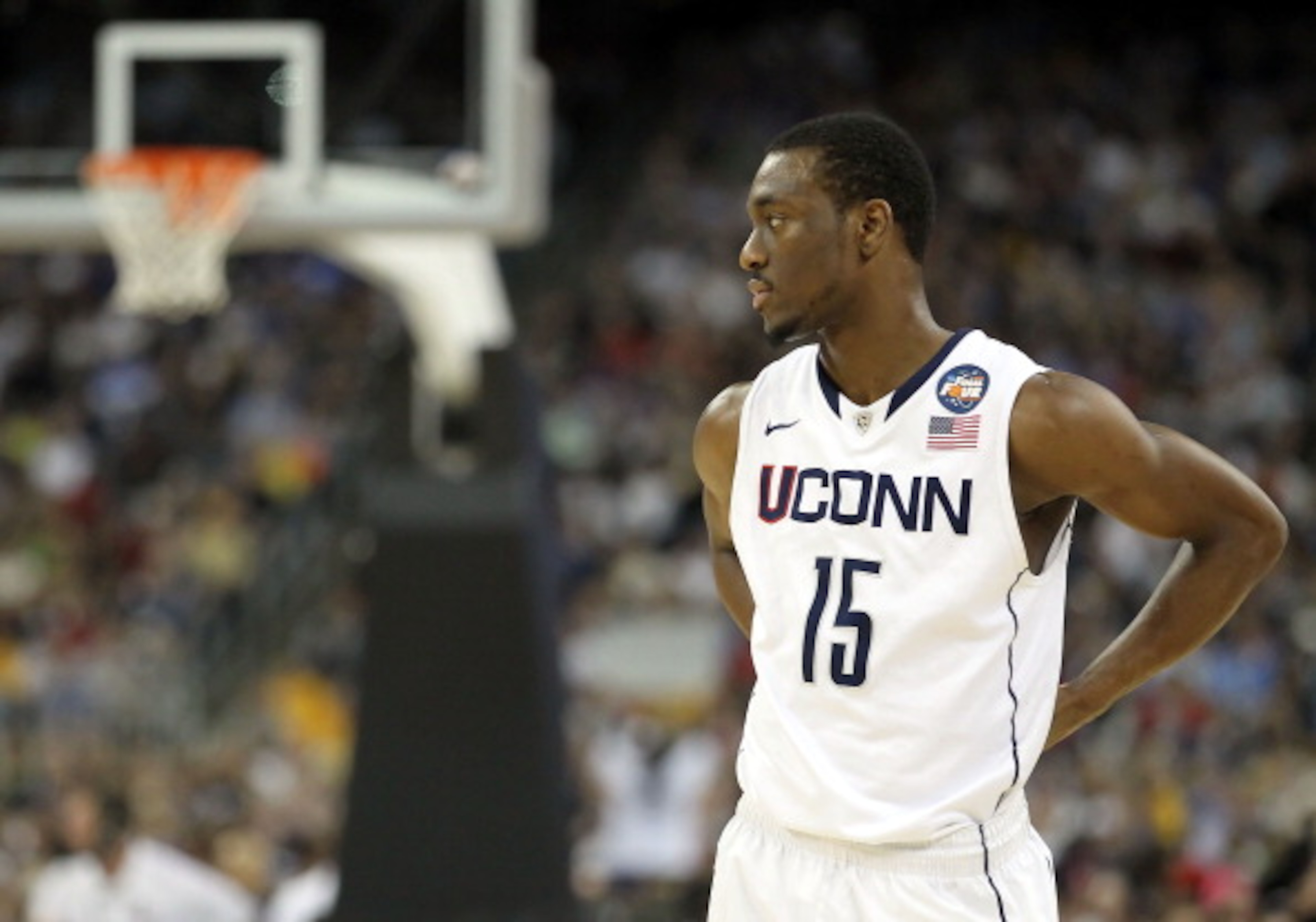 HOUSTON, TX - APRIL 04:  Kemba Walker #15 of the Connecticut Huskies looks on against the Butler Bulldogs during the National Championship Game of the 2011 NCAA Division I Men's Basketball Tournament at Reliant Stadium on April 4, 2011 in Houston, Texas.