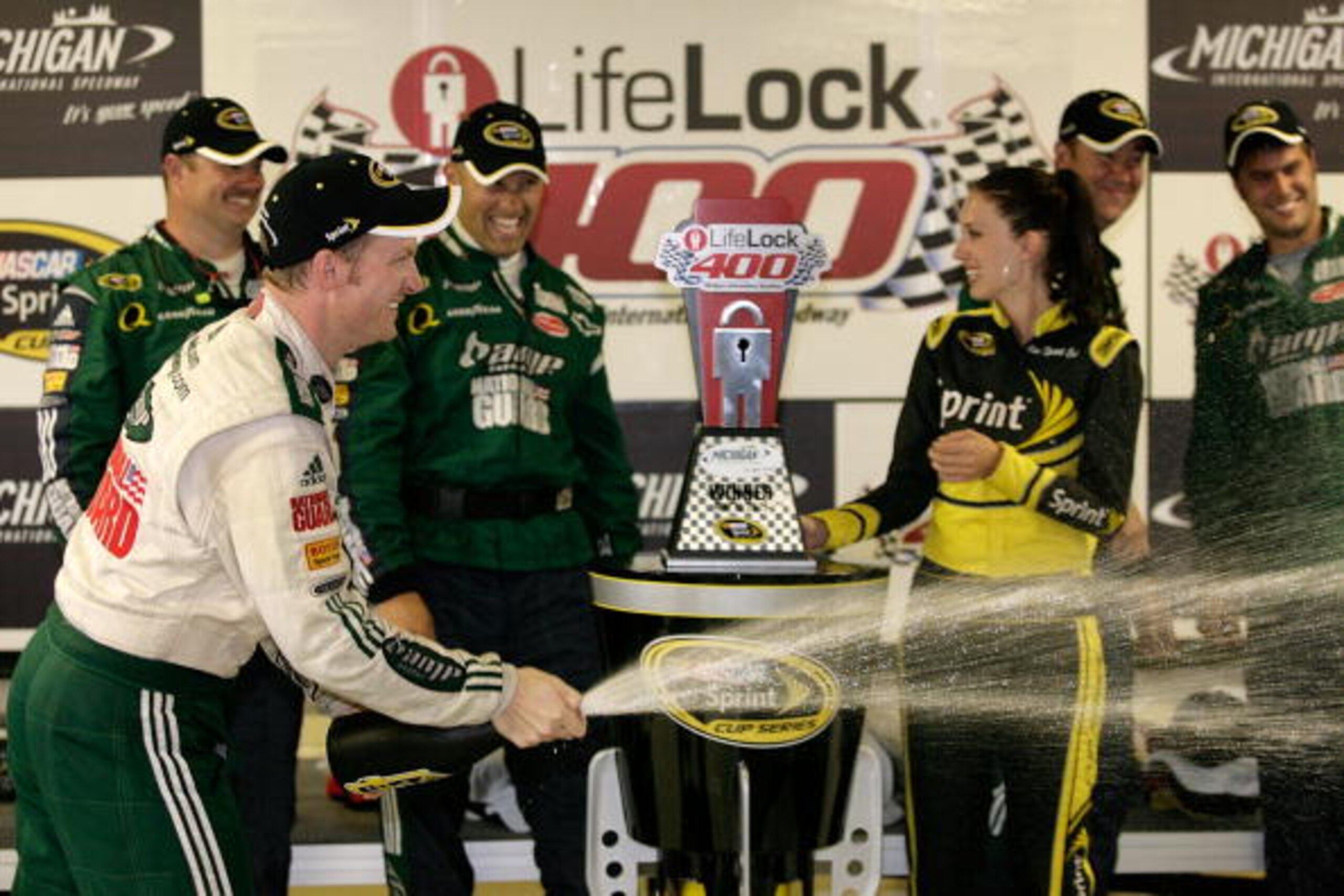 BROOKLYN, MI - JUNE 15: Dale Earnhardt Jr., driver of the #88 National Guard/AMP Energy Chevrolet celebrates in Victory Lane after winning the NASCAR Sprint Cup Series Lifelock 400 at the Michigan International Speedway on June 15, 2008 in Brooklyn, Mich BROOKLYN, MI - JUNE 15: Dale Earnhardt Jr., driver of the #88 National Guard/AMP Energy Chevrolet celebrates in Victory Lane after winning the NASCAR Sprint Cup Series Lifelock 400 at the Michigan International Speedway on June 15, 2008 in Brooklyn, Mich