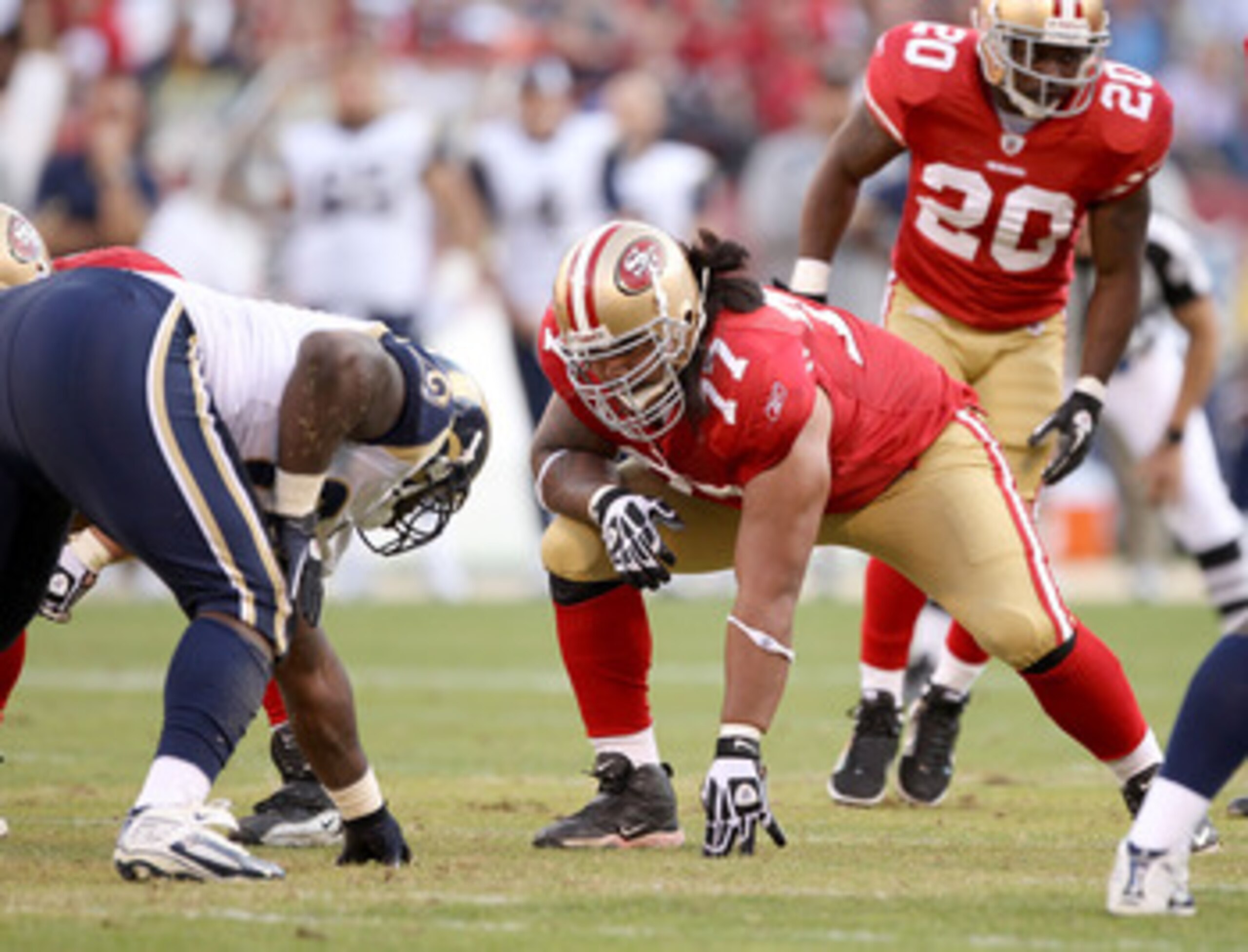 SAN FRANCISCO - NOVEMBER 14:  Mike Iupati #77 of the San Francisco 49ers in action against the St. Louis Rams at Candlestick Park on November 14, 2010 in San Francisco, California.  (Photo by Ezra Shaw/Getty Images)