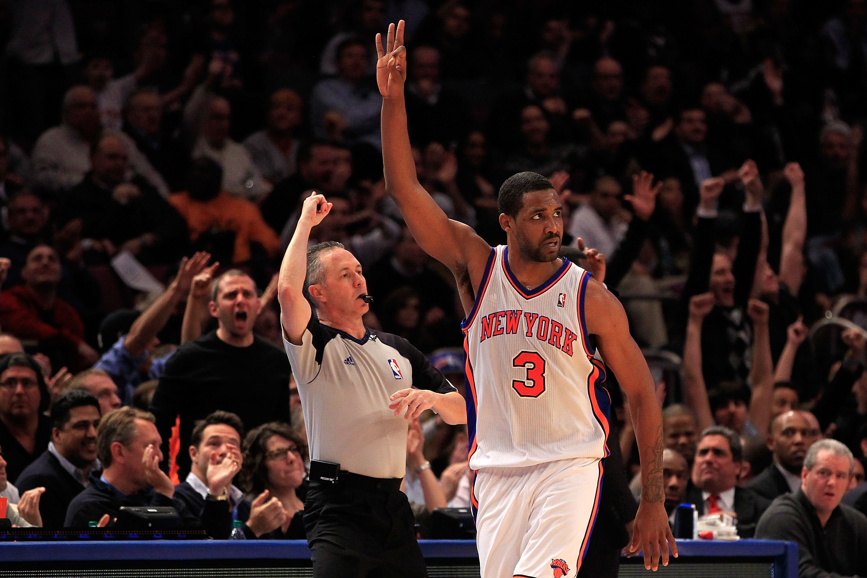 NEW YORK, NY - MARCH 30:  Shawne Williams #3 of the New York Knicks celebrates scoring a three pointer during the game against the New Jersey Nets at Madison Square Garden on March 30, 2011 in New York City. NOTE TO USER: User expressly acknowledges and a