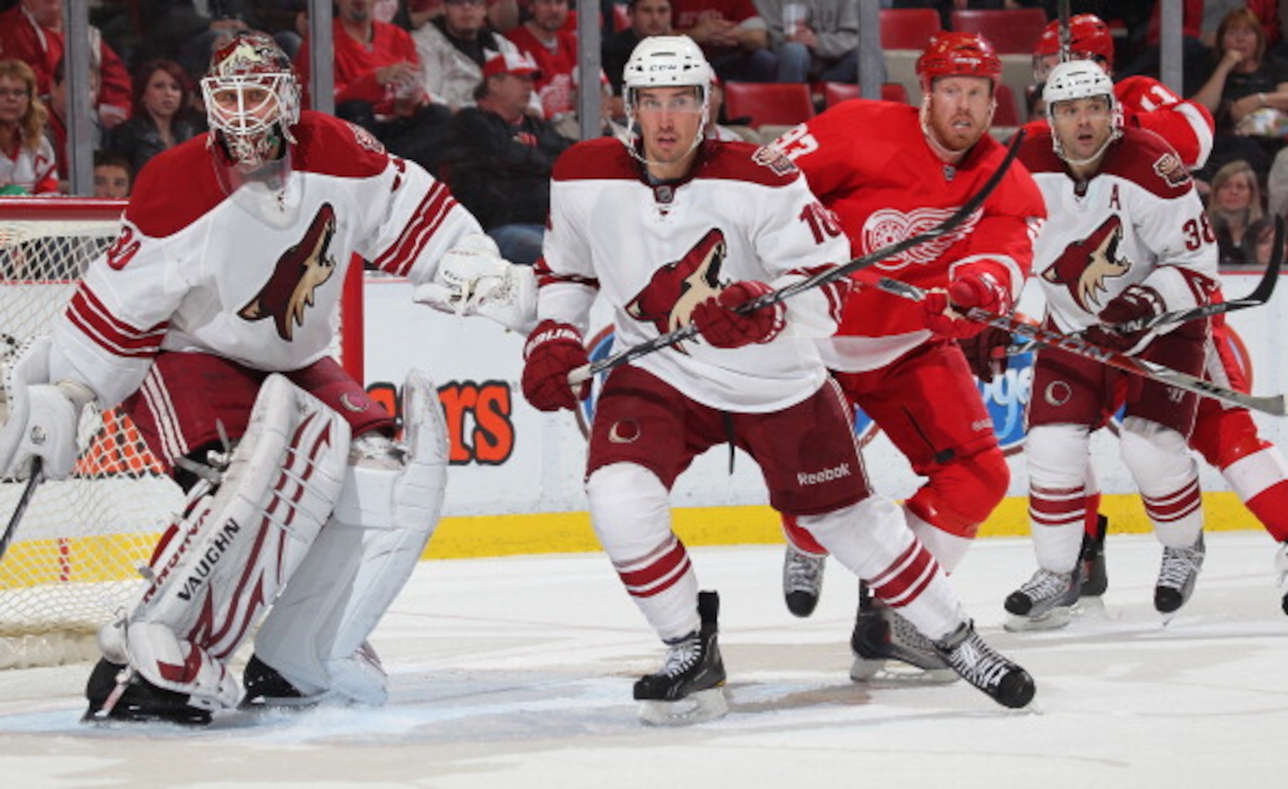 DETROIT,MI - NOVEMBER 8:  IIya Bryzgalov #30 and Sami Lepisto #18 of the Phoenix Coyotes defend against Johan Franzen #93 of the Detroit Red Wings in a game on November 8,2010 at the Joe Louis Arena in Detroit, Michigan. The Wings defeated the Coyotes 3-2