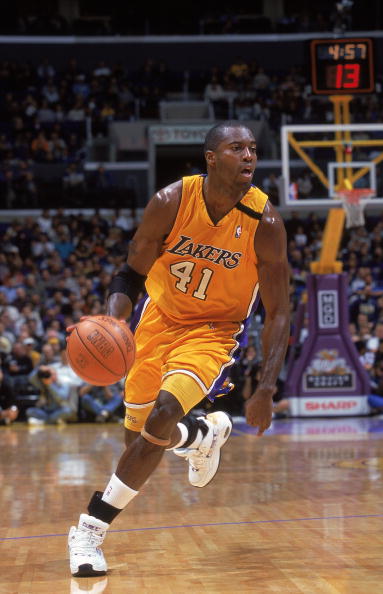 Glen Rice #41 of the Los Angeles Lakers runs with the ball during the game against the Vancouver Grizzlies at Staples Center in Los Angeles, California. The Lakers defeated the Grizzlies 103-91.