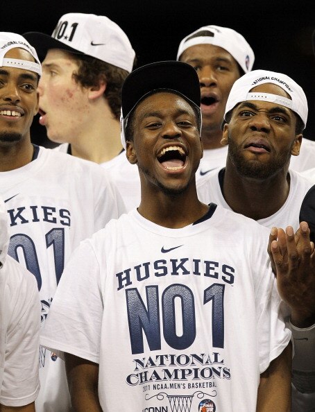 HOUSTON, TX - APRIL 04:  Kemba Walker #15 of the Connecticut Huskies react after defeating the Butler Bulldogs to win the National Championship Game of the 2011 NCAA Division I Men's Basketball Tournament by a score of 53-41 at Reliant Stadium on April 4,