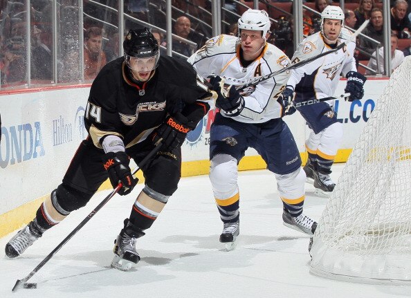 ANAHEIM, CA - JANUARY 05:  Bobby Ryan #9 of the Anaheim Ducks is pursued by Ryan Suter #20 of the Nashville Predators for the puck in the first period at the Honda Center on January 5, 2011 in Anaheim, California.  (Photo by Jeff Gross/Getty Images)