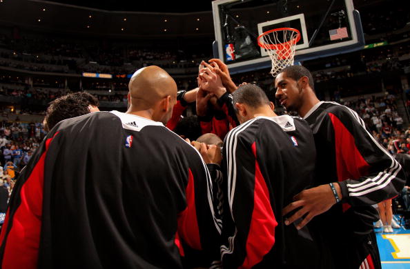 DENVER - MARCH 05: The Portland Trail Blazers huddle prior to facing the Denver Nuggets during NBA action at the Pepsi Center on March 5, 2009 in Denver, Colorado. The Nuggets defeated the Trail Blazers 106-90. NOTE TO USER: User expressly acknowledges a DENVER - MARCH 05: The Portland Trail Blazers huddle prior to facing the Denver Nuggets during NBA action at the Pepsi Center on March 5, 2009 in Denver, Colorado. The Nuggets defeated the Trail Blazers 106-90. NOTE TO USER: User expressly acknowledges a