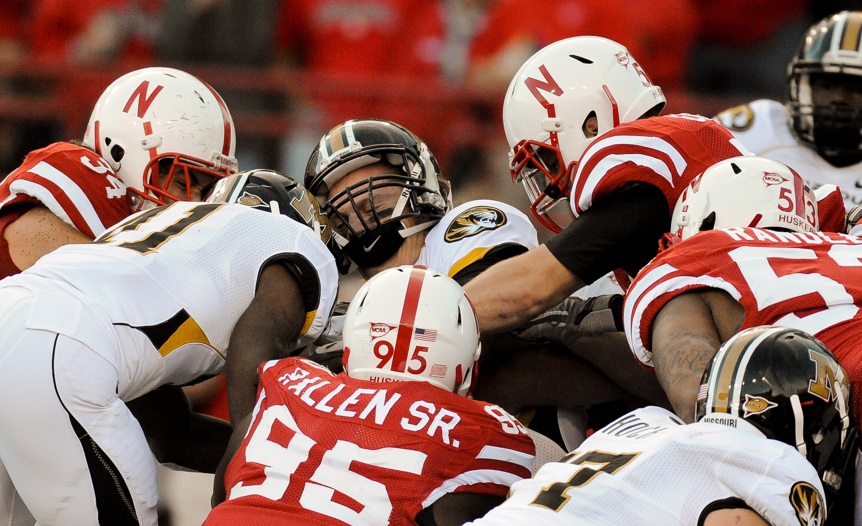 LINCOLN, NE - OCTOBER 30: Missouri Tigers quarterback Blaine Gabbert #11 get crunched by the Nebraska Cornhusker Defense near the goal line during second half action of their game at Memorial Stadium on October 30, 2010 in Lincoln, Nebraska. Nebraska Defe