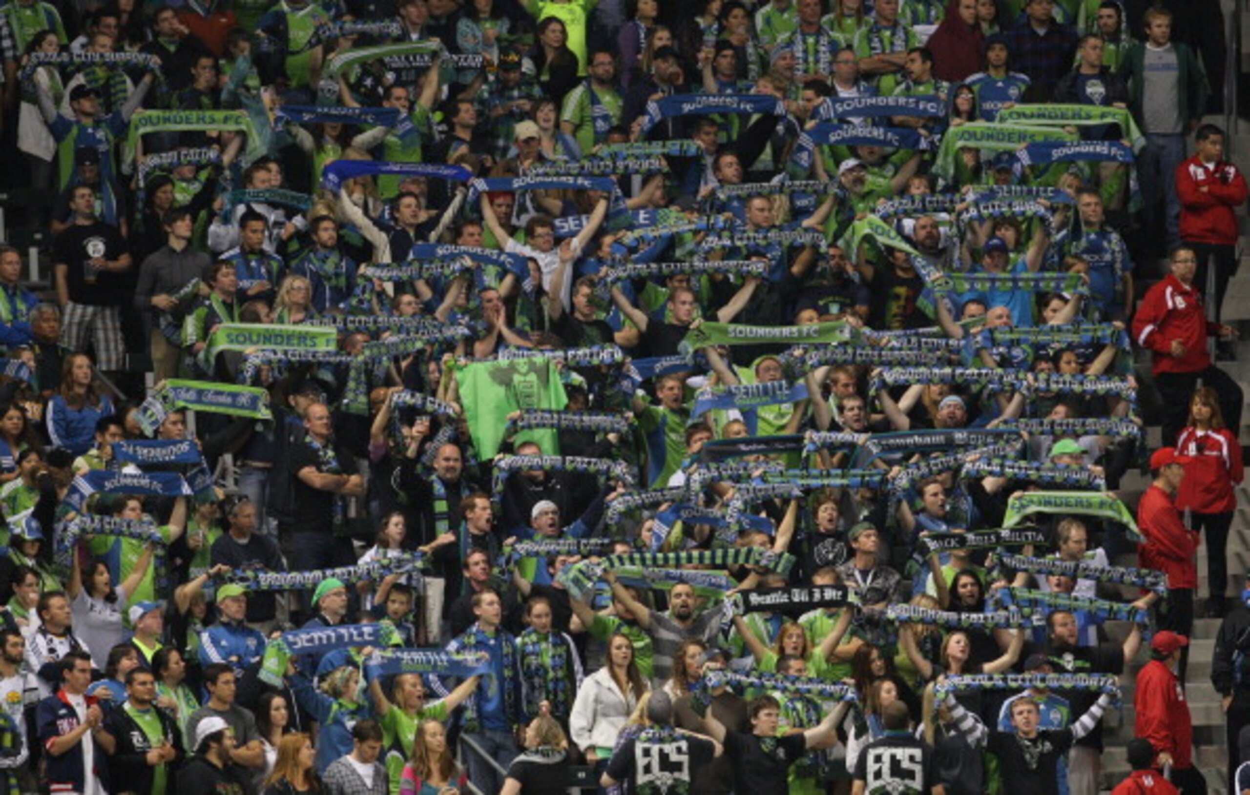 CARSON, CA - NOVEMBER 07:  Seattle Sounders FC fans show their support as their team lose to the Los Angeles Galaxy in the MLS Western Conference Semifinal match second leg at The Home Depot Center on November 7, 2010 in Carson, California. The Galaxy def