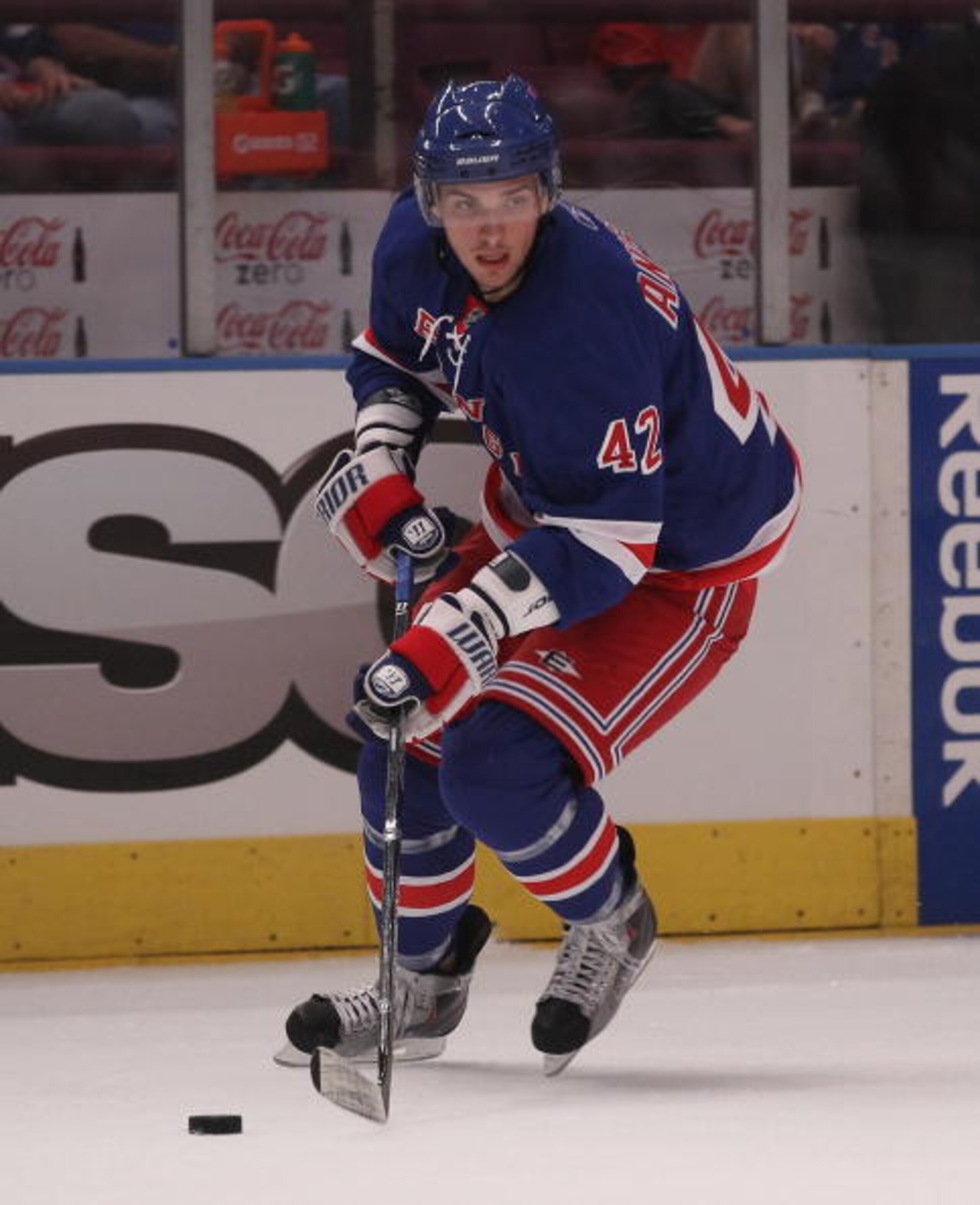 NEW YORK - SEPTEMBER 29: Artem Anisimov #42 of the New York Rangers skates against the Detroit Red Wings at Madison Square Garden on September 29, 2010 in New York City. The Rangers defeated the Red Wings 5-1. (Photo by Bruce Bennett/Getty Images) NEW YORK - SEPTEMBER 29: Artem Anisimov #42 of the New York Rangers skates against the Detroit Red Wings at Madison Square Garden on September 29, 2010 in New York City. The Rangers defeated the Red Wings 5-1. (Photo by Bruce Bennett/Getty Images)