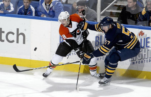 BUFFALO, NY - MARCH 05: Daniel Briere #48 of the Philadelphia Flyers and Tyler Myers #57 of the Buffalo Sabres battle for puck control  at HSBC Arena  on March 5, 2010 in Buffalo, New York.  (Photo by Rick Stewart/Getty Images)