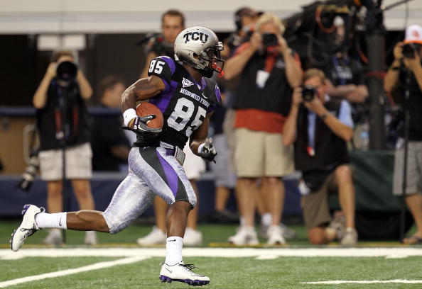 ARLINGTON, TX - SEPTEMBER 04:  Wide receiver Jeremy Kerley #85 of the TCU Horned Frogs at Cowboys Stadium on September 4, 2010 in Arlington, Texas.  (Photo by Ronald Martinez/Getty Images)