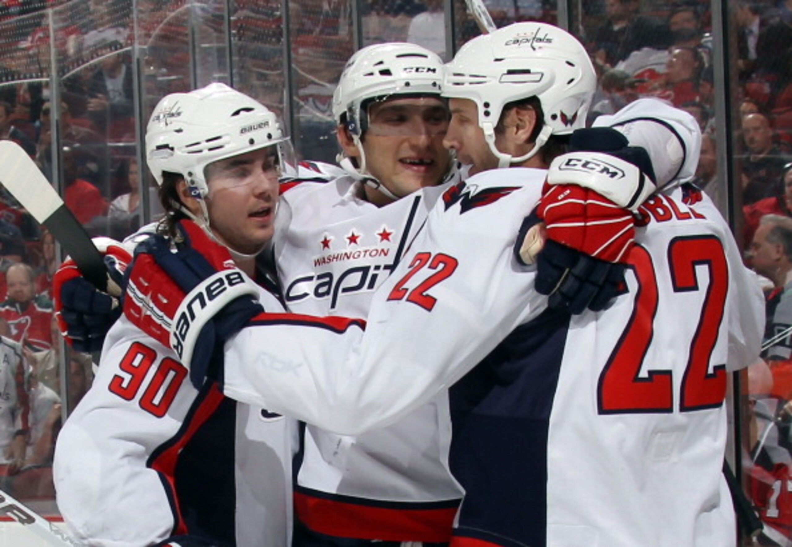 NEWARK, NJ - MARCH 18: (L-R) Marcus Johansson #90, Alex Ovechkin #8 and Mike Knuble #22 of the Washington Capitals celebrate Knubles second goal of the game at 11:24 of the third period against the New Jersey Devils at the Prudential Center on March 18, 2 NEWARK, NJ - MARCH 18: (L-R) Marcus Johansson #90, Alex Ovechkin #8 and Mike Knuble #22 of the Washington Capitals celebrate Knubles second goal of the game at 11:24 of the third period against the New Jersey Devils at the Prudential Center on March 18, 2