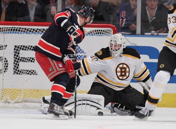 NEW YORK - NOVEMBER 17:  Marian Gaborik #10 of the New York Rangers has his shot blocked by Tim Thomas #30 of the Boston Bruins makes a save during their game on November 17, 2010 at Madison Square Garden in New York City.  (Photo by Al Bello/Getty Images