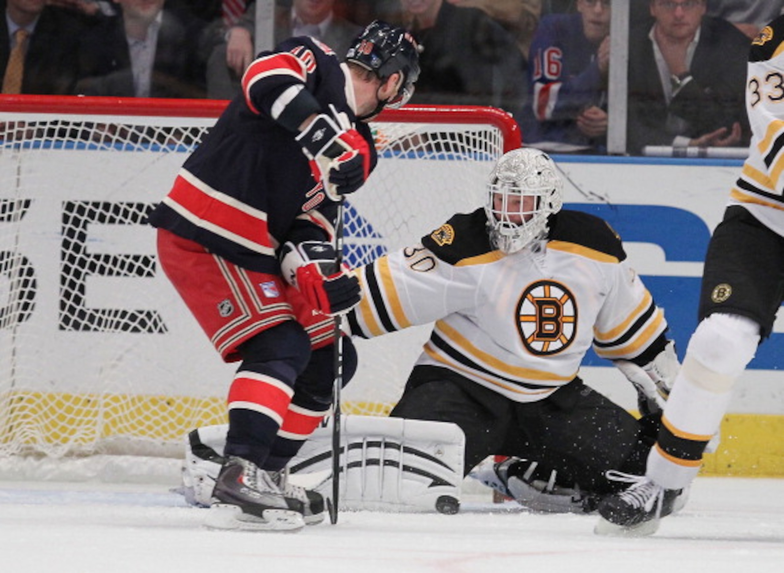 NEW YORK - NOVEMBER 17:  Marian Gaborik #10 of the New York Rangers has his shot blocked by Tim Thomas #30 of the Boston Bruins makes a save during their game on November 17, 2010 at Madison Square Garden in New York City.  (Photo by Al Bello/Getty Images