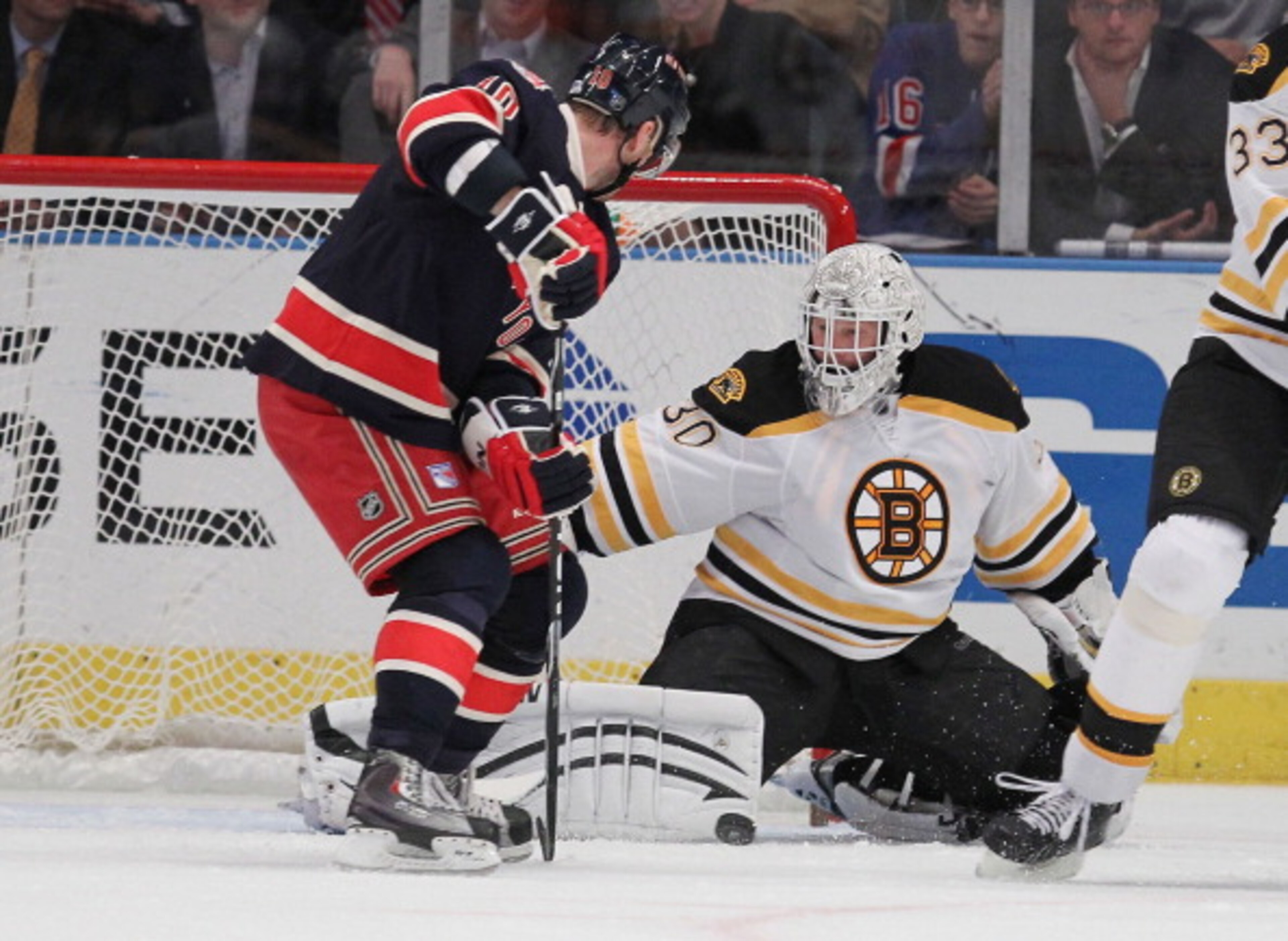 NEW YORK - NOVEMBER 17: Marian Gaborik #10 of the New York Rangers has his shot blocked by Tim Thomas #30 of the Boston Bruins makes a save during their game on November 17, 2010 at Madison Square Garden in New York City. (Photo by Al Bello/Getty Images NEW YORK - NOVEMBER 17: Marian Gaborik #10 of the New York Rangers has his shot blocked by Tim Thomas #30 of the Boston Bruins makes a save during their game on November 17, 2010 at Madison Square Garden in New York City. (Photo by Al Bello/Getty Images