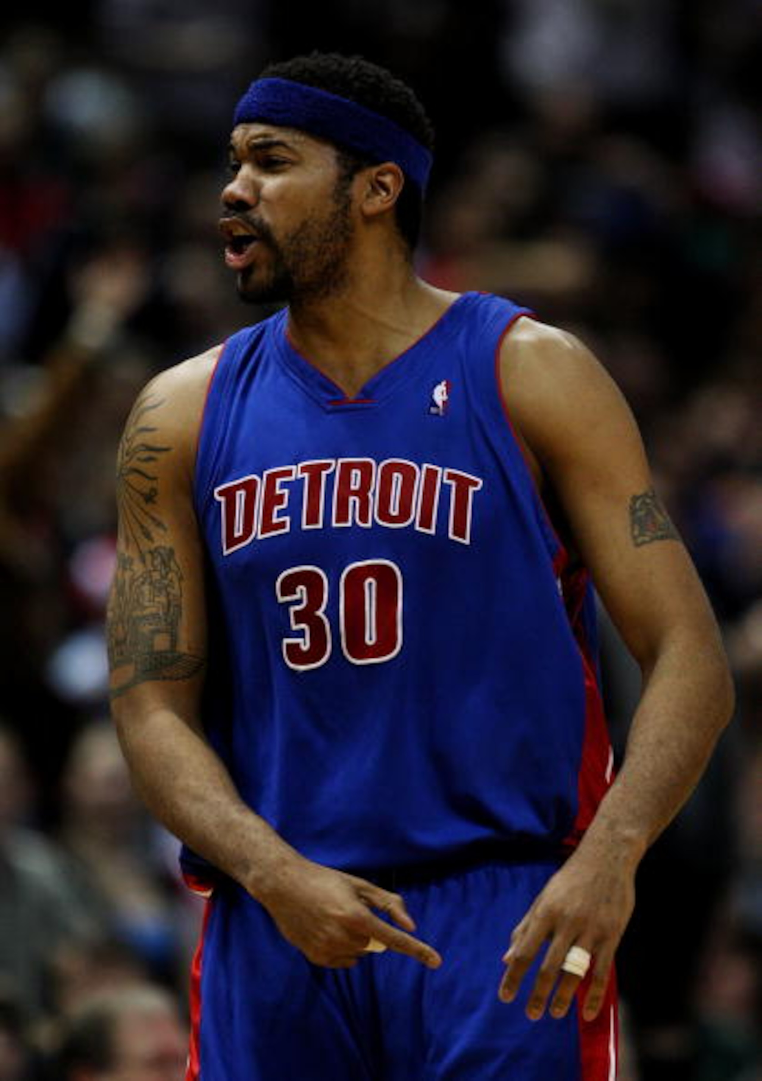MILWAUKEE - FEBRUARY 07: Rasheed Wallace #30 of the Detroit Pistons reacts after being called for a technical foul against the Milwaukee Bucks on February 7, 2009 at the Bradley Center in Milwaukee, Wisconsin. The Pistons defeated the Bucks 126-121 in ove