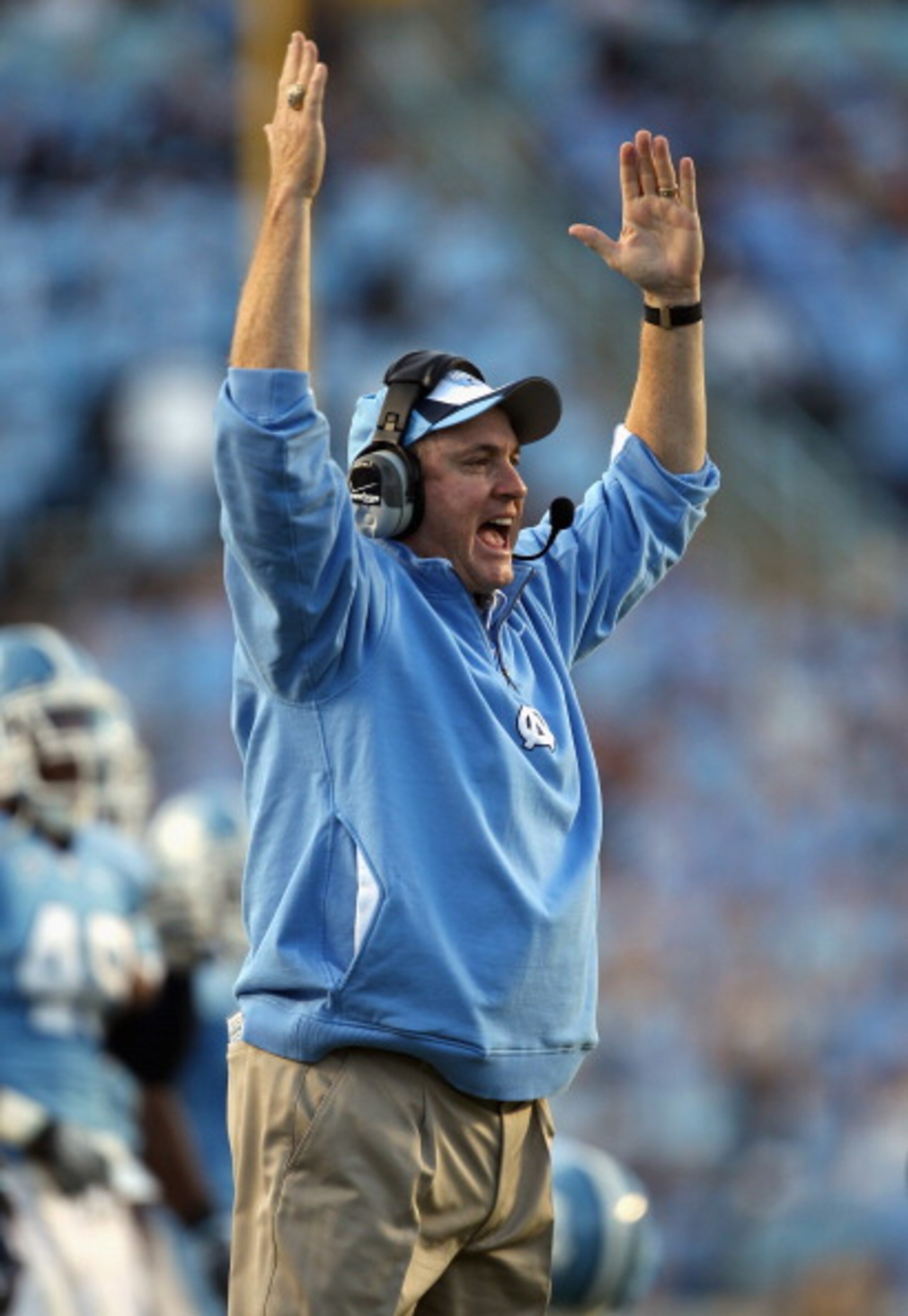 CHAPEL HILL, NC - NOVEMBER 13:  Head coach Butch Davis of the North Carolina Tar Heels reacts to a play against the Virginia Tech Hokies during their game at Kenan Stadium on November 13, 2010 in Chapel Hill, North Carolina.  (Photo by Streeter Lecka/Gett