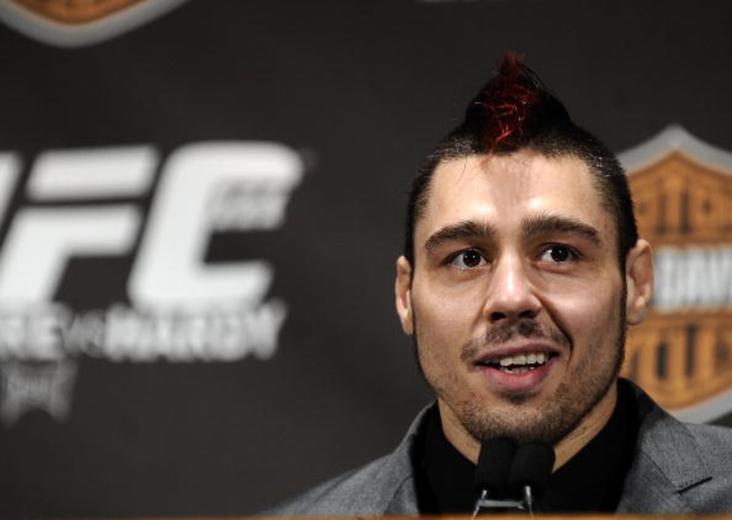 NEW YORK - MARCH 24: Dan Hardy of Nottingham, UK speaks at a press conference for UFC 111 at Radio City Music Hall on March 24, 2010 in New York City. Hardy will face Georges St-Pierre of Montreal, Quebec, Canada in the Welterweight title bout. (Photo NEW YORK - MARCH 24: Dan Hardy of Nottingham, UK speaks at a press conference for UFC 111 at Radio City Music Hall on March 24, 2010 in New York City. Hardy will face Georges St-Pierre of Montreal, Quebec, Canada in the Welterweight title bout. (Photo