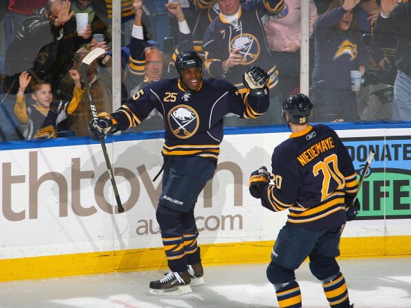 BUFFALO, NY - FEBRUARY 25:  Michael Grier #25 and Rob Niedermayer #20 of the Buffalo Sabres celebrate Grier's goal in the first period against the Ottawa Senators at HSBC Arena on February 25, 2011 in Buffalo, New York.  (Photo by Rick Stewart/Getty Image