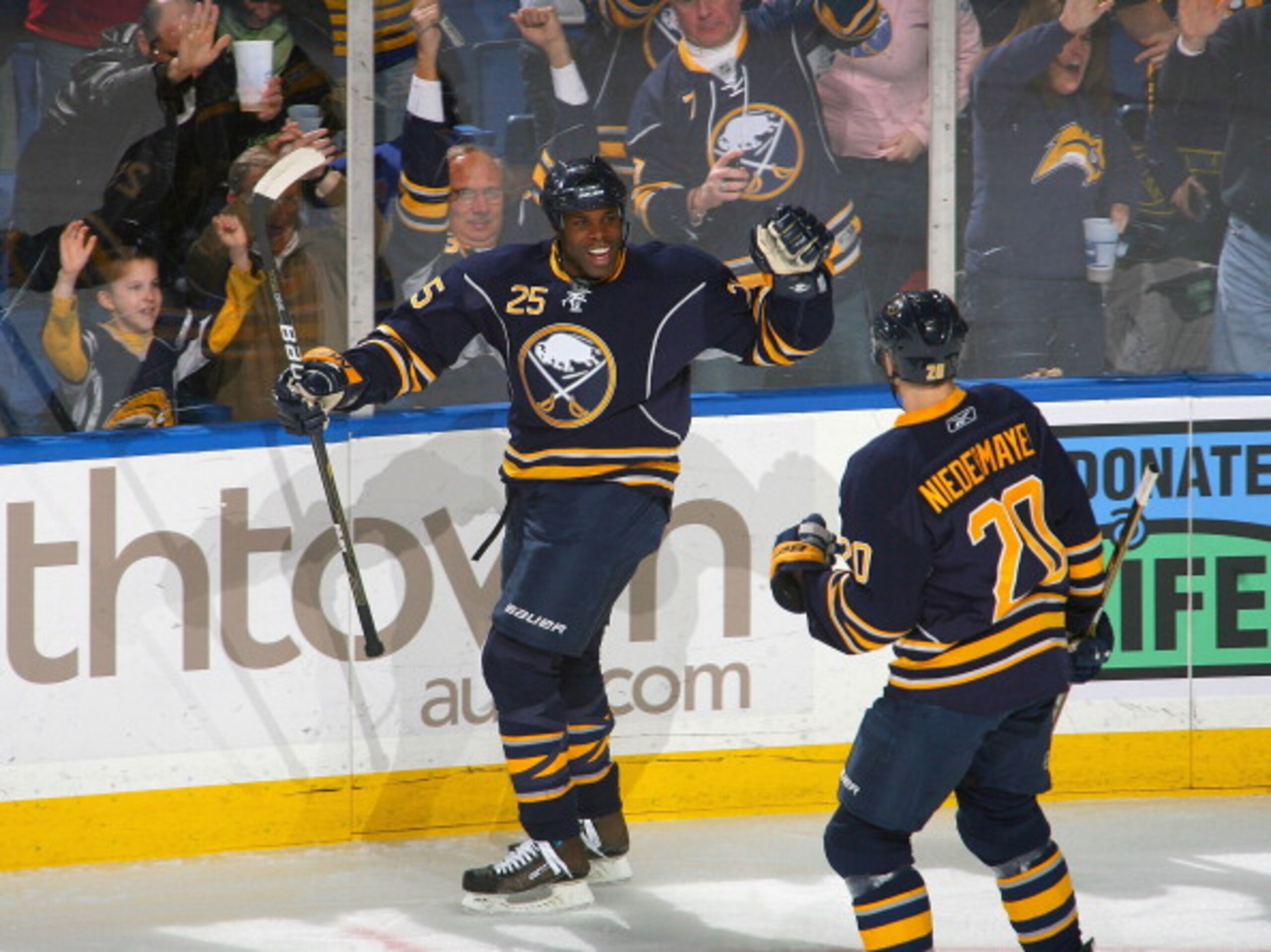 BUFFALO, NY - FEBRUARY 25:  Michael Grier #25 and Rob Niedermayer #20 of the Buffalo Sabres celebrate Grier's goal in the first period against the Ottawa Senators at HSBC Arena on February 25, 2011 in Buffalo, New York.  (Photo by Rick Stewart/Getty Image