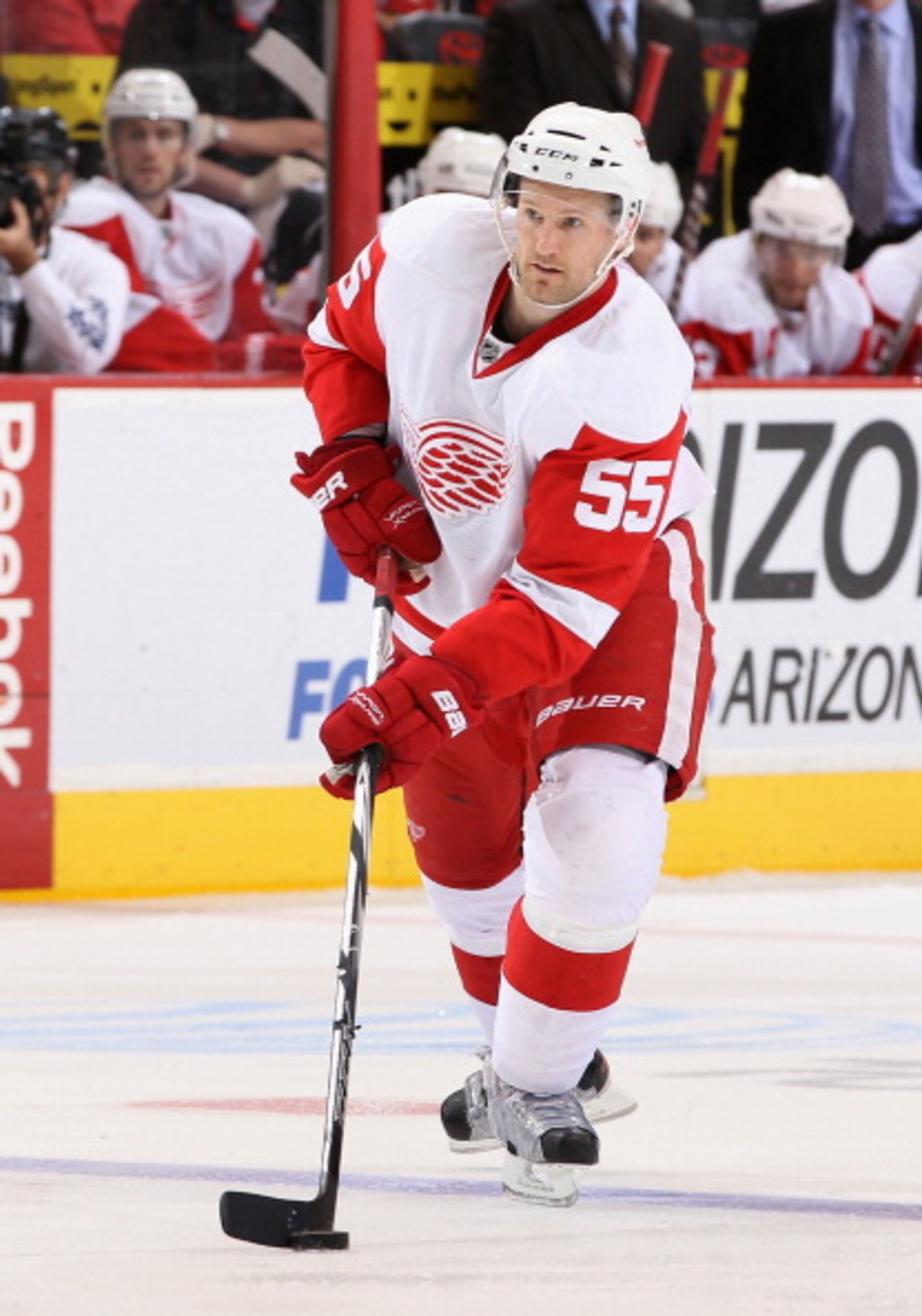 GLENDALE, AZ - MARCH 05:  Niklas Kronwall #55 of the Detroit Red Wings skates with the puck during the NHL game against the Phoenix Coyotes at Jobing.com Arena on March 5, 2011 in Glendale, Arizona. The Coyotes defeated the Red Wings 5-4 in an overtime sh