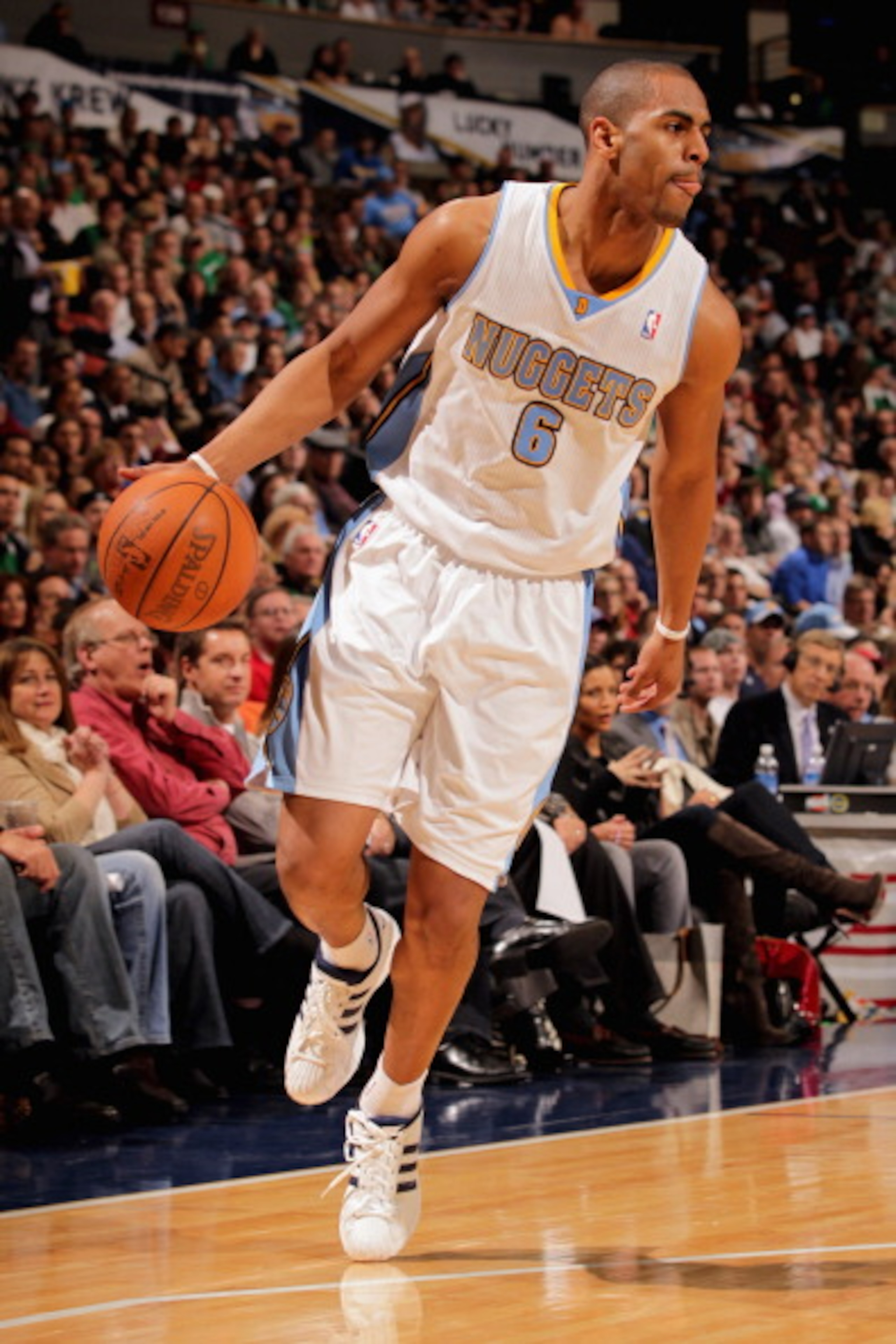 DENVER, CO - FEBRUARY 24:  Arron Afflalo #6 of the Denver Nuggets conttrols the ball against the Boston Celtics during NBA action at the Pepsi Center on February 24, 2011 in Denver, Colorado. The Nuggets defeated the Celtics 89-75. NOTE TO USER: User expr