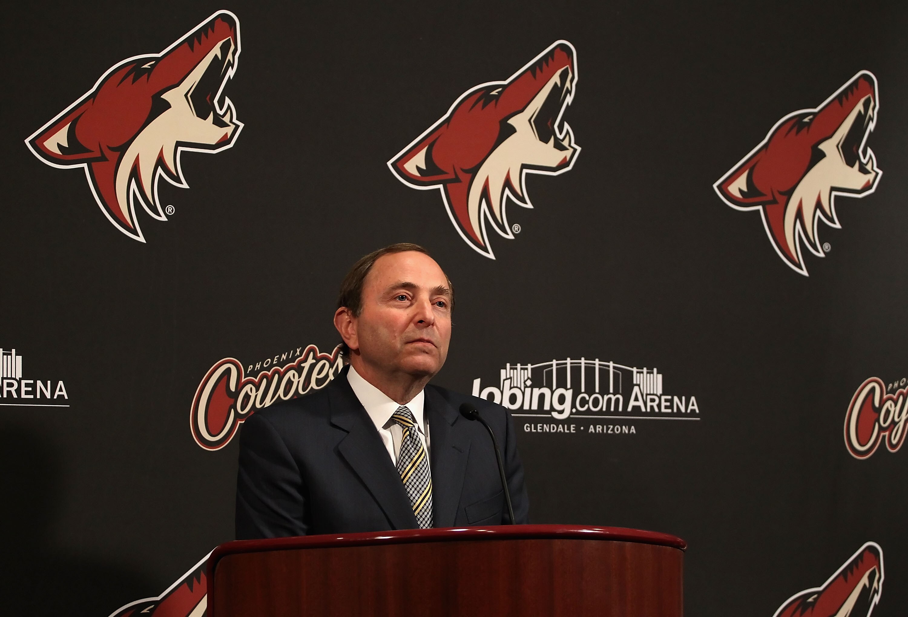 GLENDALE, AZ - MARCH 08:  NHL commissioner Gary Bettman speaks during a press conference before the NHL game between the Vancouver Canucks and the Phoenix Coyotes at Jobing.com Arena on March 8, 2011 in Glendale, Arizona.  (Photo by Christian Petersen/Get