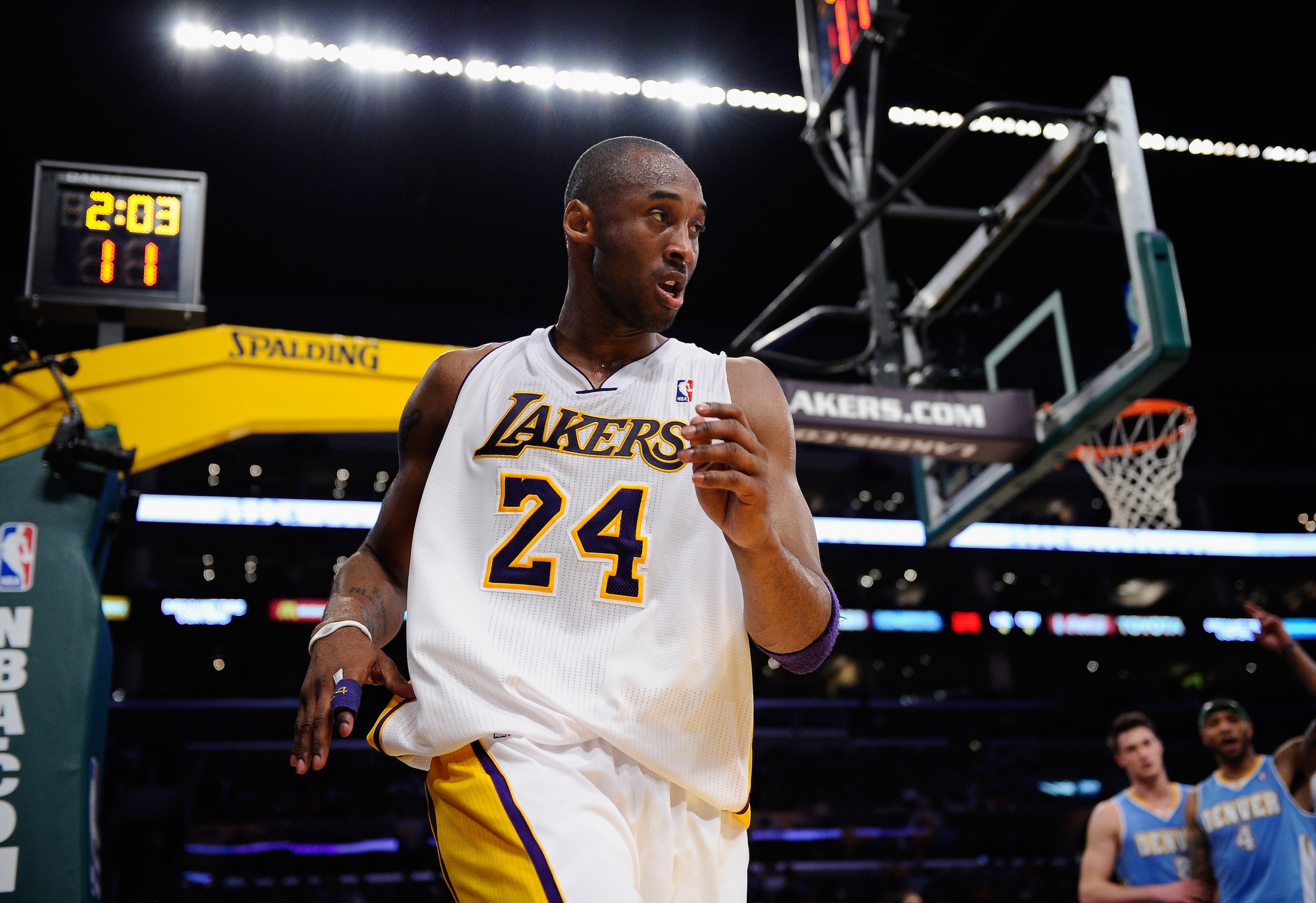 LOS ANGELES, CA - APRIL 03: Kobe Bryant #24 of the Los Angeles Lakers reacts during the game against the Denver Nuggets at Staples Center on April 3, 2011 in Los Angeles, California. NOTE TO USER: User expressly acknowledges and agrees that, by download LOS ANGELES, CA - APRIL 03: Kobe Bryant #24 of the Los Angeles Lakers reacts during the game against the Denver Nuggets at Staples Center on April 3, 2011 in Los Angeles, California. NOTE TO USER: User expressly acknowledges and agrees that, by download
