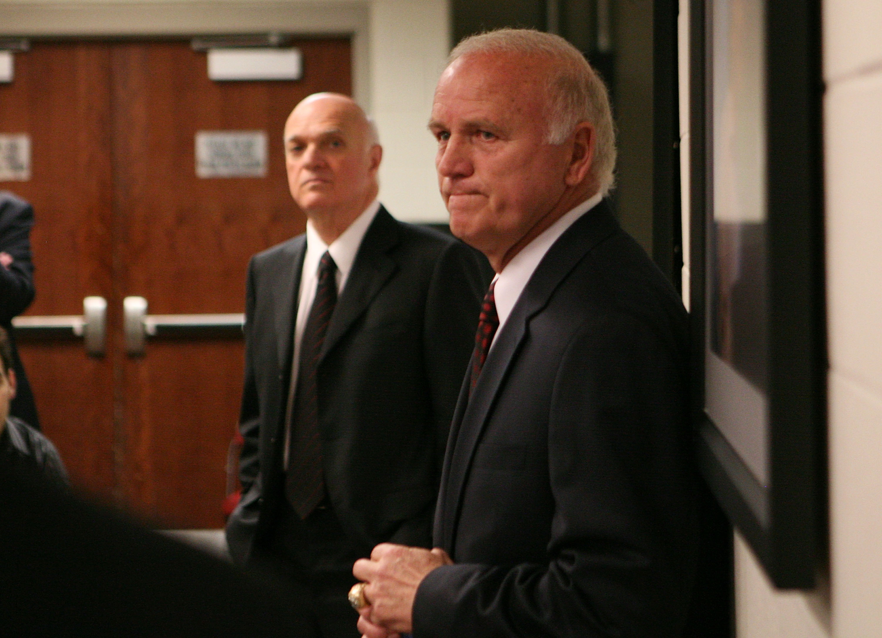 NEWARK, NJ - APRIL 26:  With New Jersey Devils team president Lou Lamoriello (L) by his side, head coach Jacques Lemaire (R) announces his retirement at the Prudential Center on April 26, 2010 in Newark, New Jersey.  (Photo by Bruce Bennett/Getty Images)