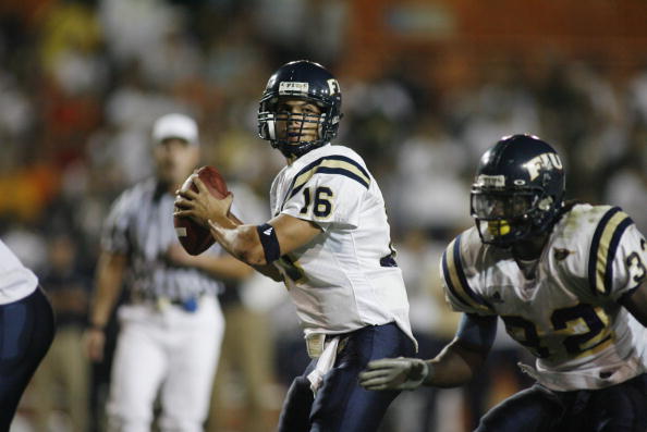 MIAMI - OCTOBER 14:  Josh Padrick #16 of the Florida International Panthers looks to pass against the Miami Hurricanes during the game at the Orange Bowl on October 14, 2006 in Miami, Florida. Miami won 35-0.  (Photo by Marc Serota/Getty Images)