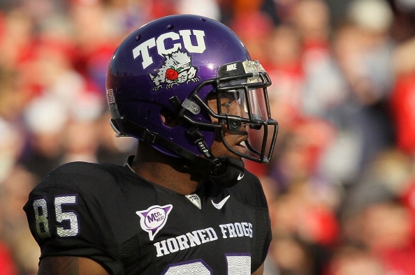 PASADENA, CA - JANUARY 01:  Wide receiver Jeremy Kerley #85 of the TCU Horned Frogs looks on against the Wisconsin Badgers in the 97th Rose Bowl game on January 1, 2011 in Pasadena, California.  (Photo by Stephen Dunn/Getty Images)
