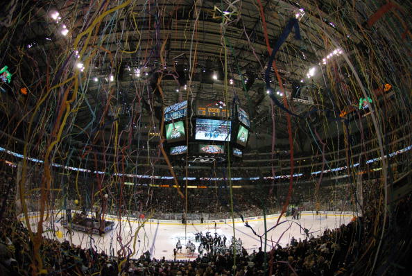 Confetti falls during pre-game ceremonies before  the 2007 NHL All-Star game January 24, 2007 at the American Airlines Center in Dallas. (Photo by A. Messerschmidt/Getty Images) *** Local Caption ***