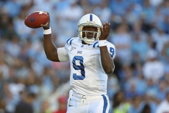 CHAPEL HILL, NC - NOVEMBER 07:  Thaddeus Lewis #9 of the Duke Blue Devils drops back to throw a pass against the North Carolina Tar Heels during their game at Kenan Stadium on November 7, 2009 in Chapel Hill, North Carolina.  (Photo by Streeter Lecka/Gett