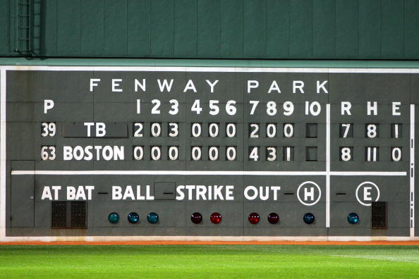 BOSTON - OCTOBER 16:  The final scoreboard is seen after the Boston Red Sox defeated the Tampa Bay Rays after game five of the American League Championship Series during the 2008 MLB playoffs at Fenway Park on October 16, 2008 in Boston, Massachusetts. Th