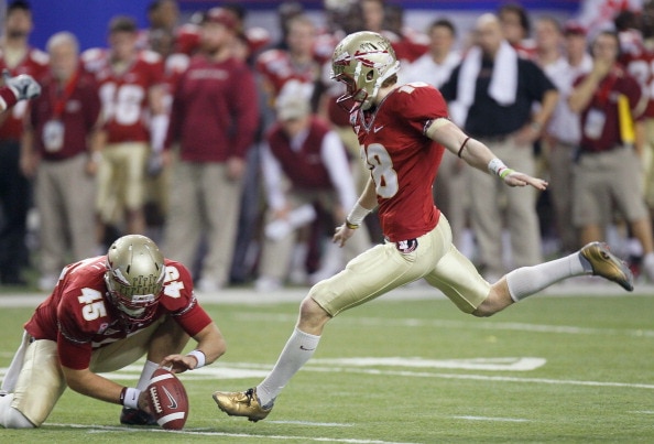 ATLANTA, GA - DECEMBER 31:  Dustin Hopkins #8 of the Florida State Seminoles against the South Carolina Gamecocks during the 2010 Chick-fil-A Bowl at Georgia Dome on December 31, 2010 in Atlanta, Georgia.  (Photo by Kevin C. Cox/Getty Images)