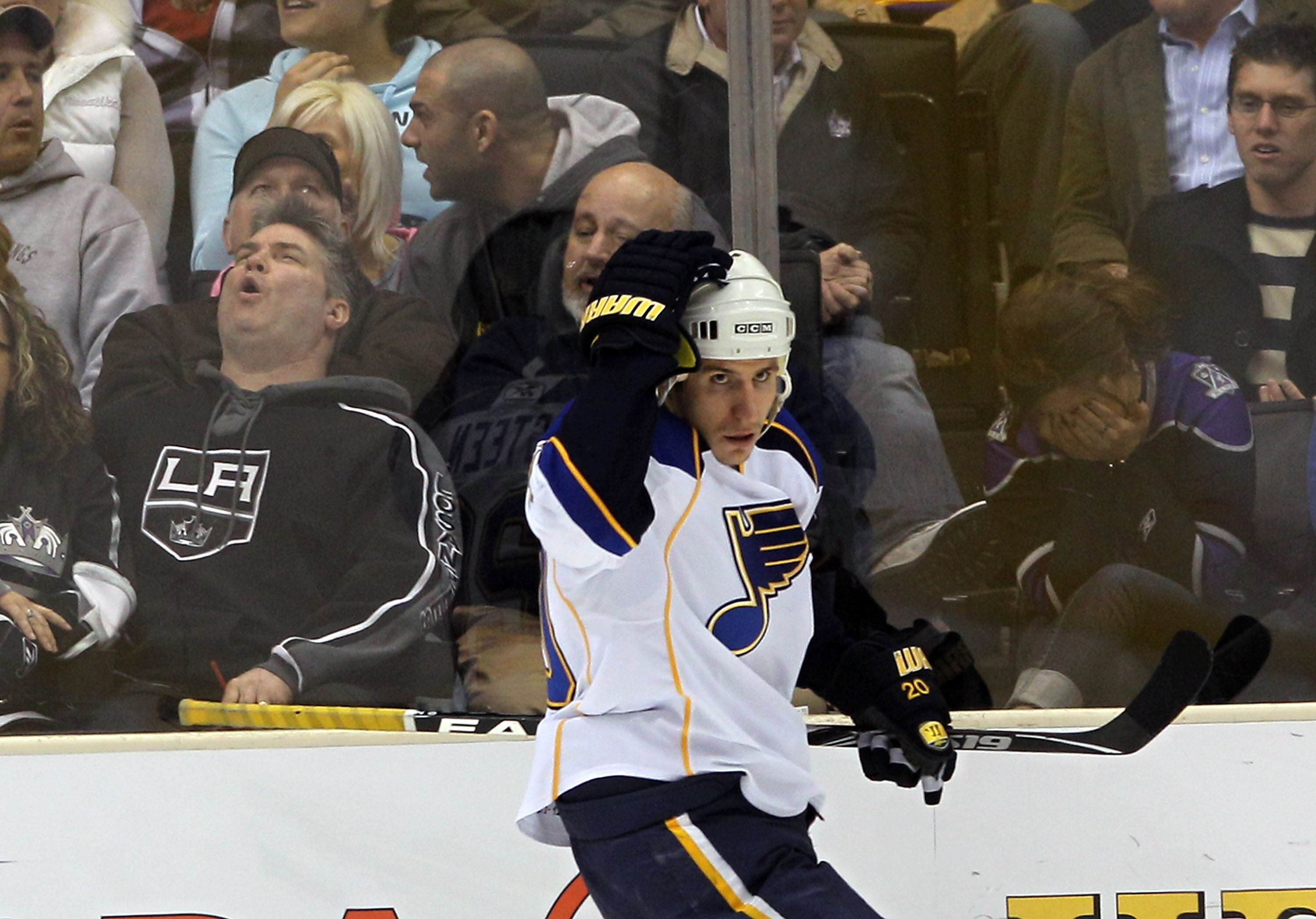 LOS ANGELES, CA - JANUARY 13: Alexander Steen #20 of the St. Louis Blues celebrates his second period goal as dejected fans of the Los Angeles Kings react at the Staples Center on January 13, 2011 in Los Angeles, California.  (Photo by Bruce Bennett/Getty