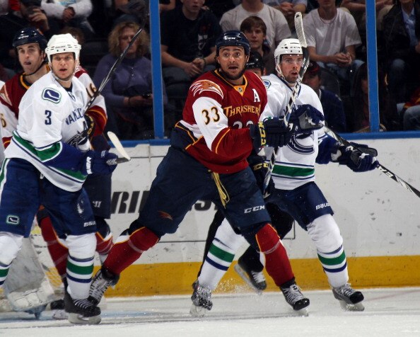 ATLANTA, GA - MARCH 25:  Dustin Byfuglien #33 of the Atlanta Thrashers skates against the Vancouver Canucks at the Philips Arena on March 25, 2011 in Atlanta, Georgia.  (Photo by Bruce Bennett/Getty Images)