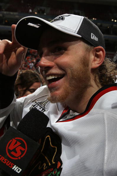 PHILADELPHIA - JUNE 09:  Patrick Kane #88 of the Chicago Blackhawks gives an interview after scoring the game-winning goal in overtime to defeat the Philadelphia Flyers 4-3 and win the Stanley Cup in Game Six of the 2010 NHL Stanley Cup Final at the Wacho
