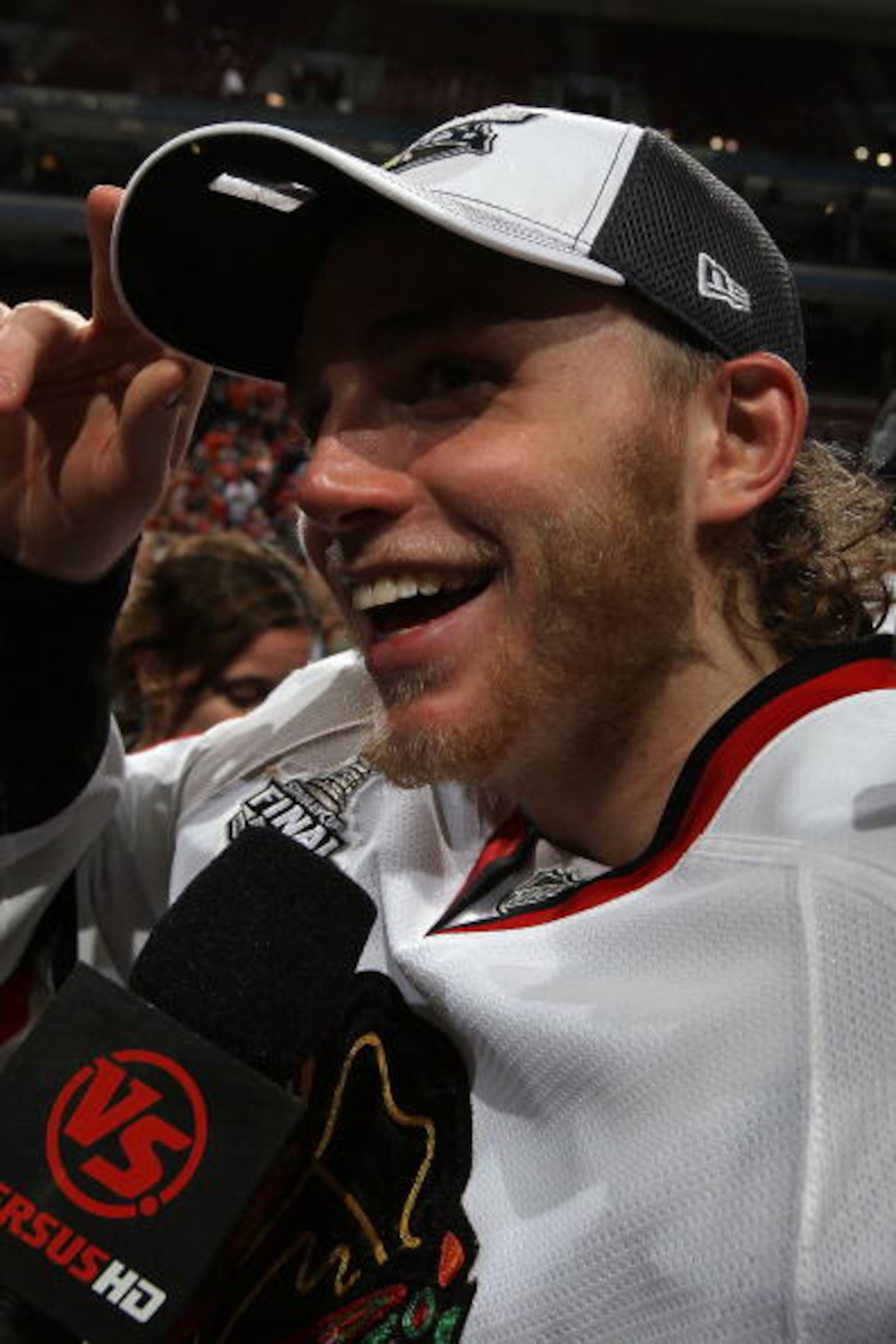 PHILADELPHIA - JUNE 09:  Patrick Kane #88 of the Chicago Blackhawks gives an interview after scoring the game-winning goal in overtime to defeat the Philadelphia Flyers 4-3 and win the Stanley Cup in Game Six of the 2010 NHL Stanley Cup Final at the Wacho