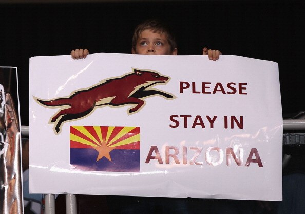 GLENDALE, AZ - MARCH 26:  Fan of the Phoenix Coyotes holds up a sign during the NHL game against the San Jose Sharks at Jobing.com Arena on March 26, 2011 in Glendale, Arizona.  The Sharks defeated the Coyotes 4-1.  (Photo by Christian Petersen/Getty Imag