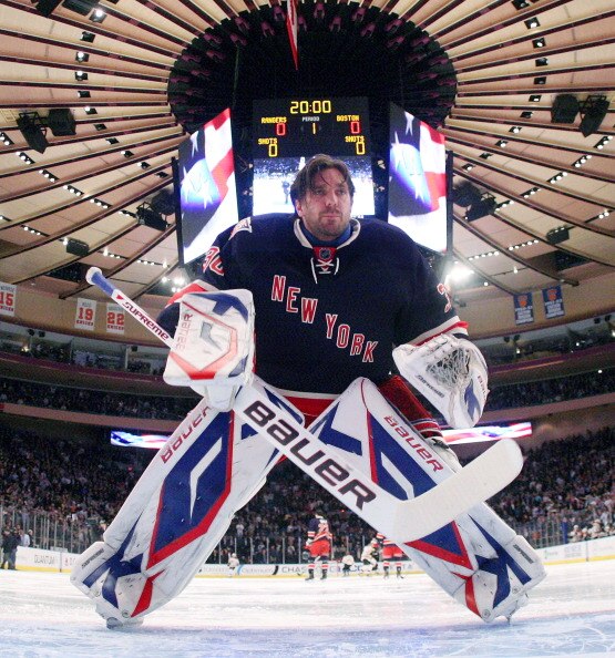NEW YORK, NY - APRIL 04:  Henrik Lundqvist #30 of the New York Rangers gets set for the opening faceoff against the Boston Bruins at Madison Square Garden on April 4, 2011 in New York City. The Rangers defeated the Bruins 5-3.  (Photo by Bruce Bennett/Get