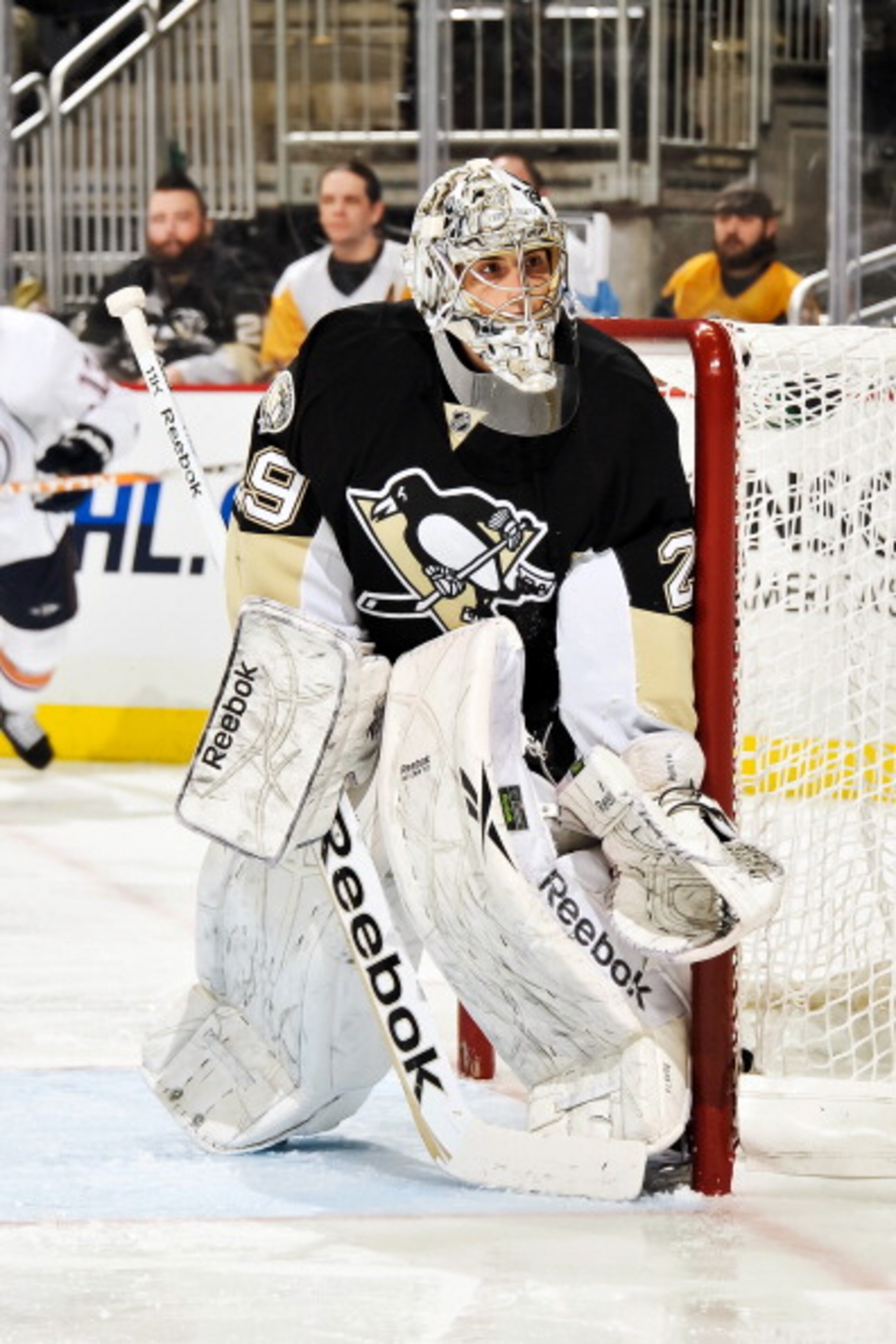 PITTSBURGH, PA - MARCH 13:  Goaltender Marc-Andre Fleury #29 of the Pittsburgh Penguins guards the net against the Edmonton Oilers on March 13, 2011 at CONSOL Energy Center in Pittsburgh, Pennsylvania.  (Photo by Jamie Sabau/Getty Images)