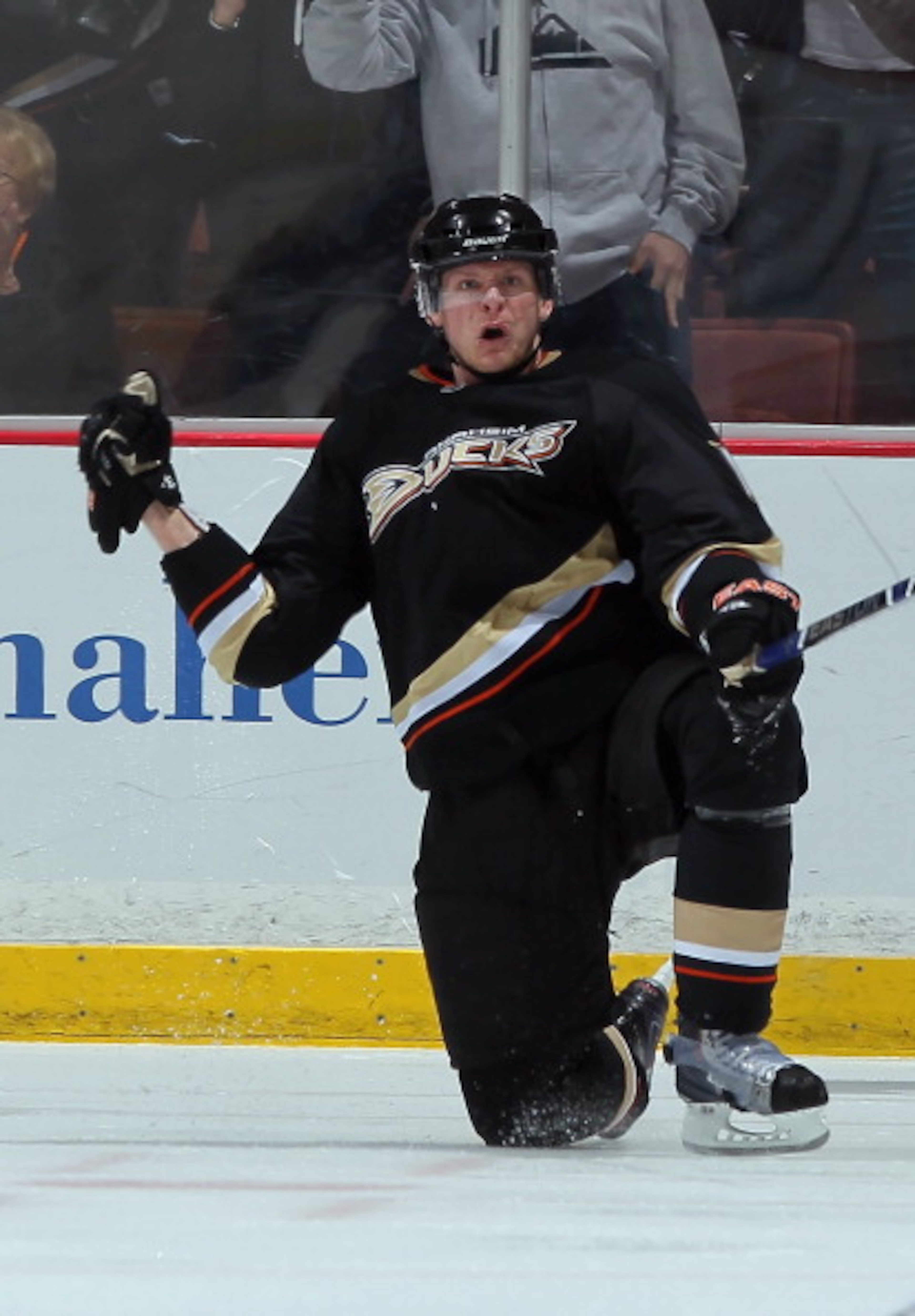 ANAHEIM, CA - APRIL 06:  Corey Perry#10 of the Anaheim Ducks celebrates his second goal of the game in the second period against the San Jose Sharks at Honda Center on April 6, 2011 in Anaheim, California.  (Photo by Jeff Gross/Getty Images)