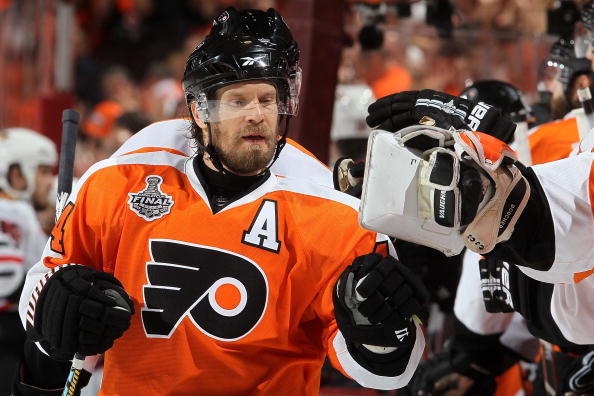 PHILADELPHIA - JUNE 04:  Kimmo Timonen #44 of the Philadelphia Flyers celebrates with his teammates in Game Four of the 2010 NHL Stanley Cup Final against the Chicago Blackhawks at Wachovia Center on June 4, 2010 in Philadelphia, Pennsylvania.  (Photo by