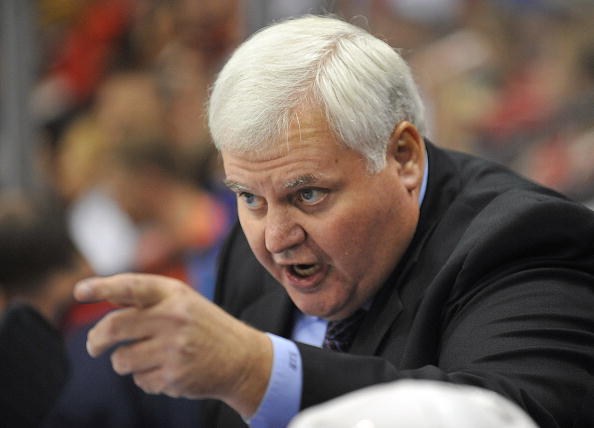 ST. PAUL, MN - SEPTEMBER 18: Head coach Ken Hitchcock of the Columbus Blue Jackets makes a point to the bench during the second period in a preseason game on September 18, 2009 at the Xcel Energy Center in St. Paul, Minnesota. (Photo by Tom Dahlin/Getty I