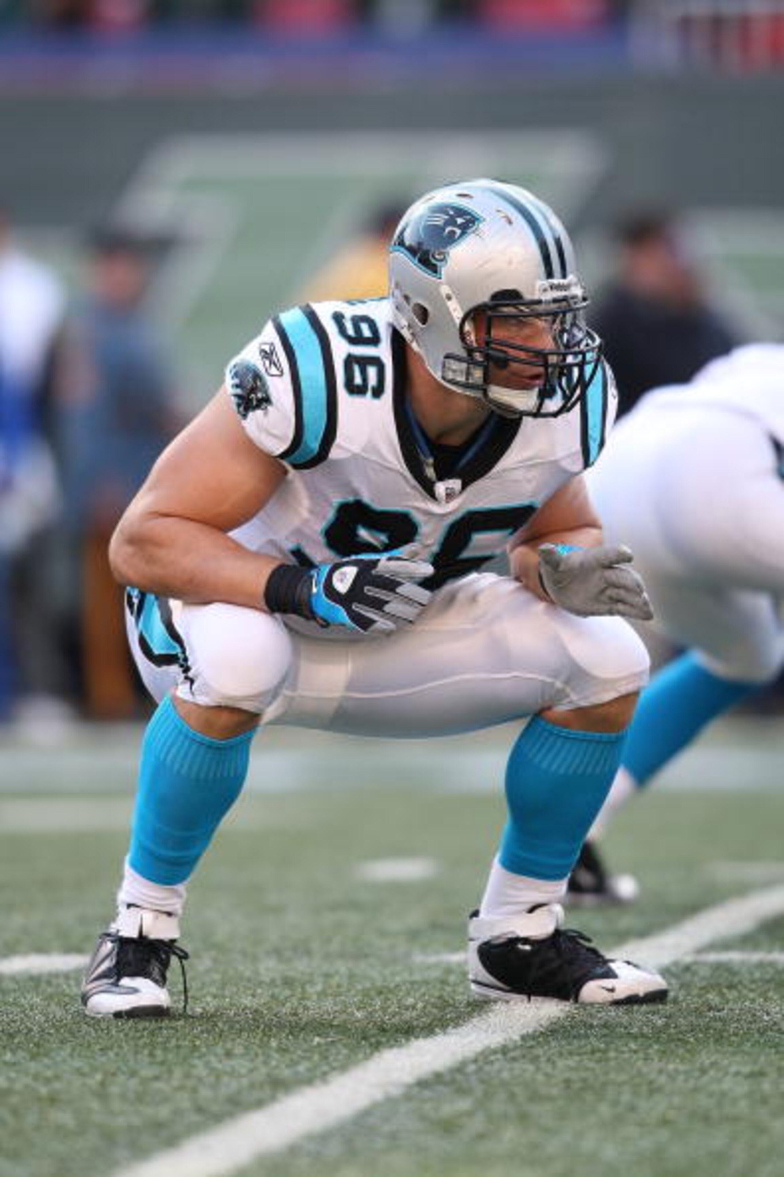 EAST RUTHERFORD, NJ - NOVEMBER 29: Tyler Brayton #96 of the Carolina Panthers waits for the snap against the New York Jets at Giants Stadium on November 29, 2009 in East Rutherford, New Jersey.  (Photo by Nick Laham/Getty Images)