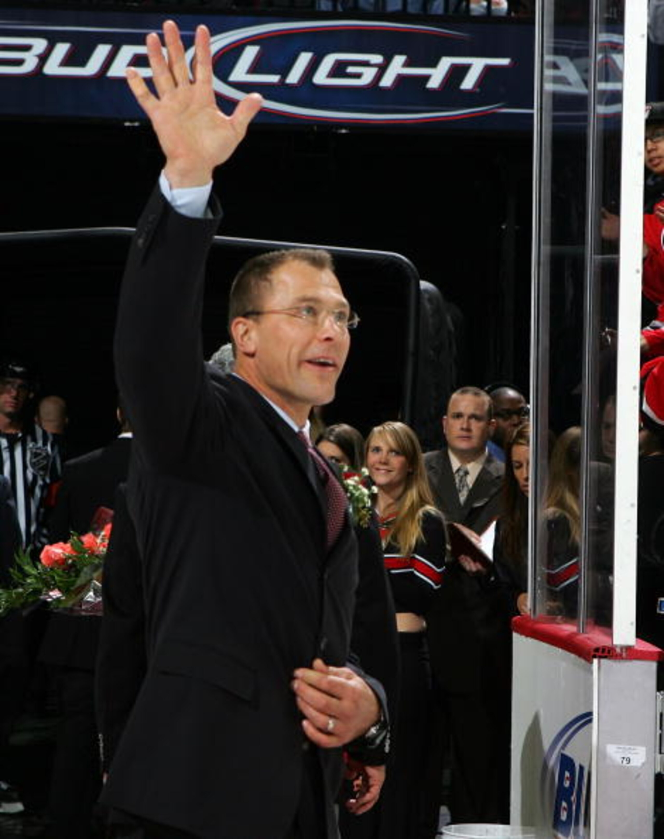 NEWARK, NJ - DECEMBER 07:  Former New Jersey Devils captain Scott Stevens waves to the crowd after a ceremony honoring his induction into the Hall of Fame before the game against the Washington Capitals at the Prudential Center December 7,  t 2007 in Newa