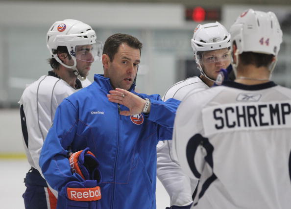 SYOSSET, NY - SEPTEMBER 19:  Head coach Scott Gordon of the New York Islanders conducts practice during a training camp session at Iceworks on September 19, 2010 in Syosset, New York.  (Photo by Bruce Bennett/Getty Images)