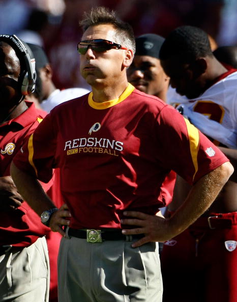 LANDOVER, MD - SEPTEMBER 20:  Head coach Jim Zorn of the Washington Redskins exhales as his team runs out the clock against the St. Louis Rams during their game on September 20, 2009 at FedEx Field in Landover, Maryland.  The Redskins defeated the Rams by