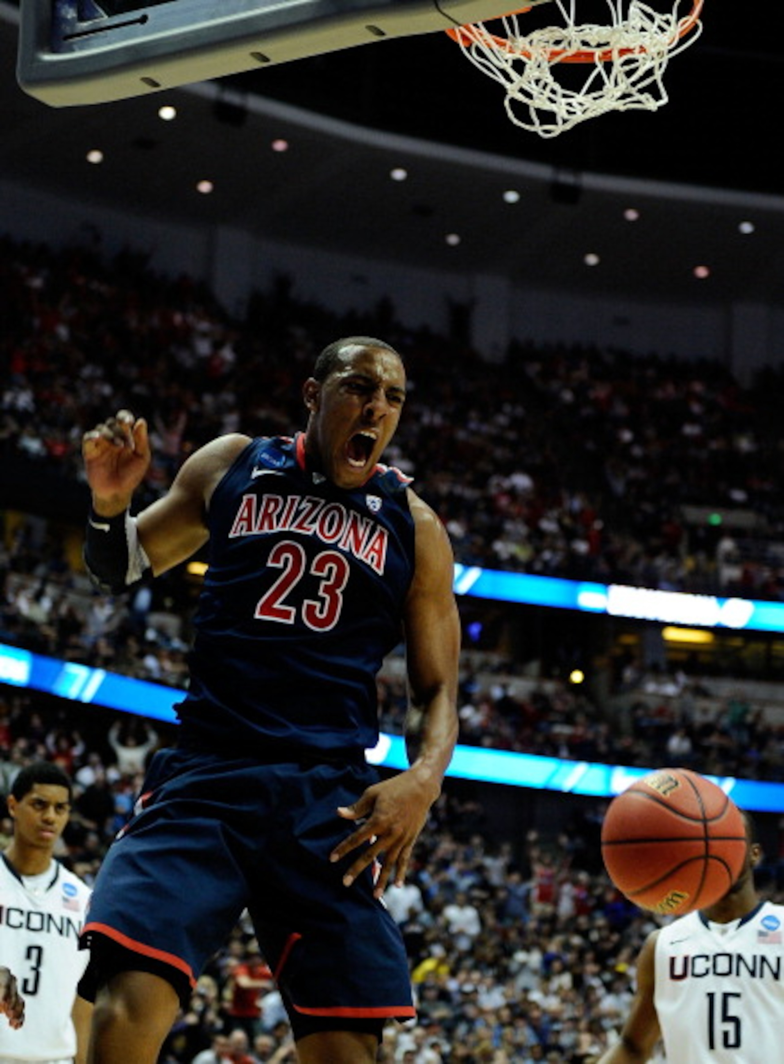 ANAHEIM, CA - MARCH 26:  Derrick Williams #23 of the Arizona Wildcats reacts after a dunk against of the Connecticut Huskies during the west regional final of the 2011 NCAA men's basketball tournament at the Honda Center on March 26, 2011 in Anaheim, Cali