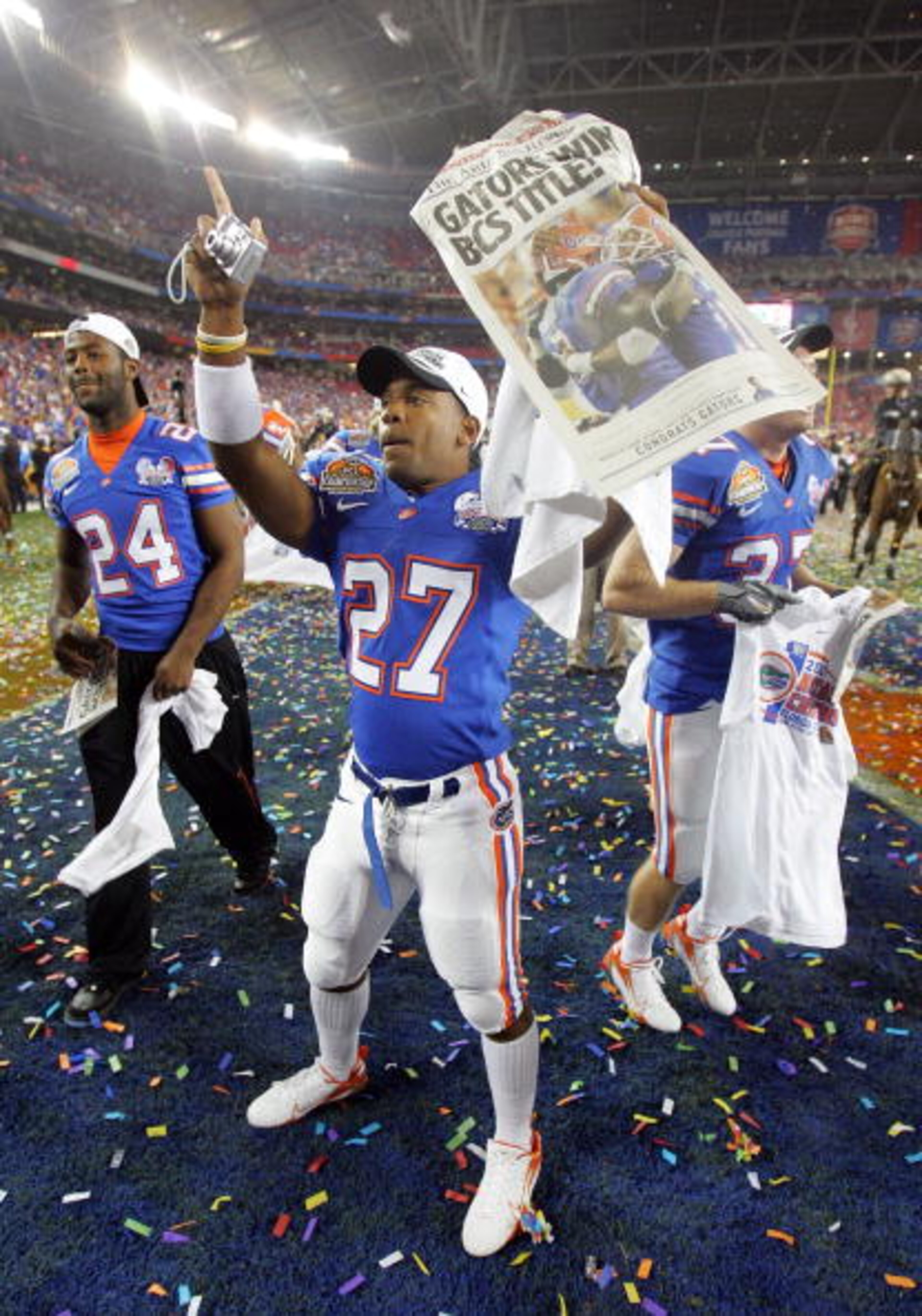 GLENDALE, AZ - JANUARY 08:  Telly Concepcion#27 of the Florida Gators celebrates after defeating the Ohio State Buckeyes after the 2007 Tostitos BCS National Championship Game at the University of Phoenix Stadium on January 8, 2007 in Glendale, Arizona. T